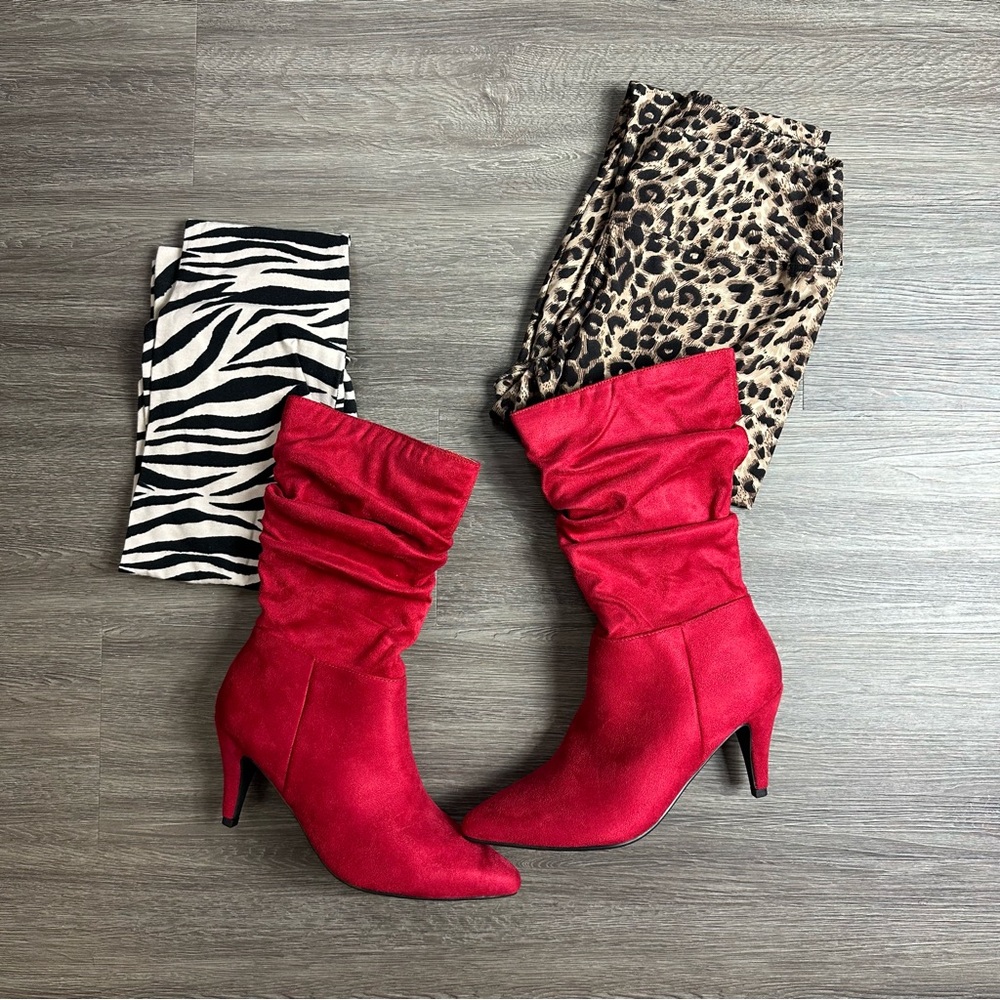 Red Suede Slouchy Heeled Boots
